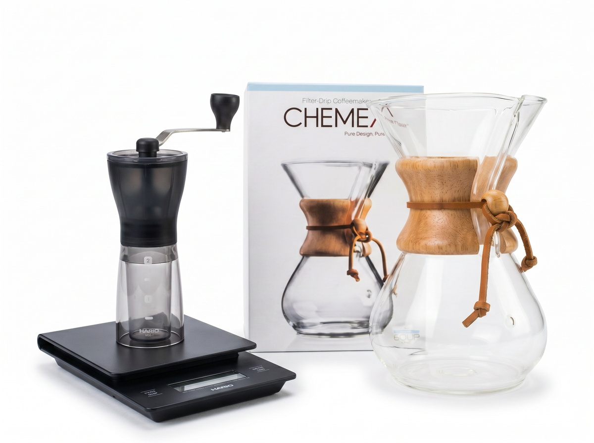 Premium Chemex Kit: Chemex 6 cups, Hario Mini Mill grinder, Hario V60 drip scale