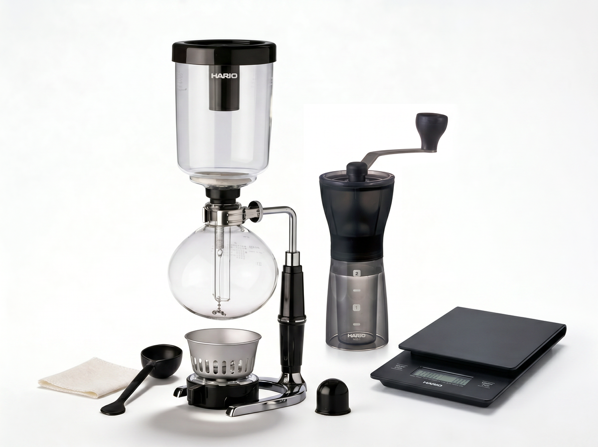 Premium Siphon Kit: Hario Technica syphon, Hario Mini Mill grinder, Hario V60 drip scale